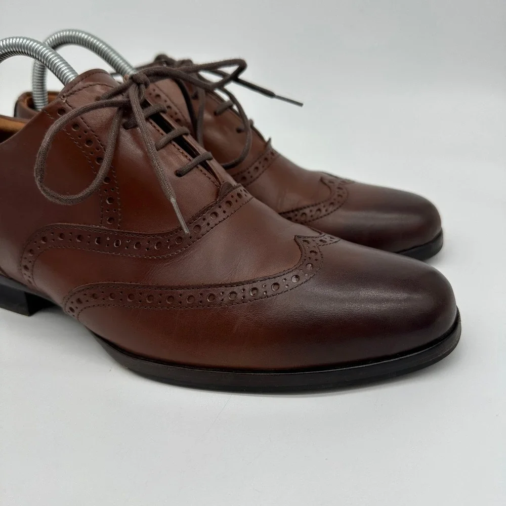 Wolf Shepherd‎ Mens Oxford Dress Shoes 8 Brown Wing Tip Lace Up Italian Leather